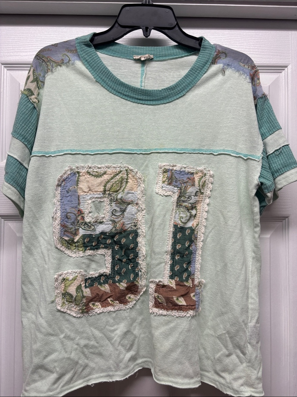 POL Mint Patchwork & Lace Lined #91 Short Sleeve Women's Top Small